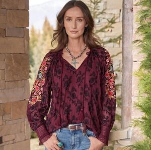 Sundance Gemma Elegance Blouse Burgundy Maroon Floral Embroidery Peasant Boho S